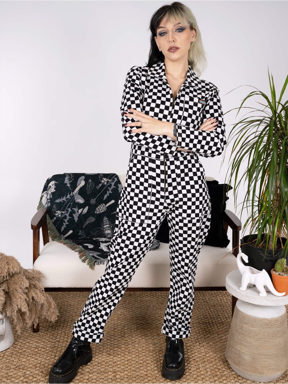 RUN & FLY | Black & White Checkerboard Stretch Twill BoilerSuit jumpsuit - XXS